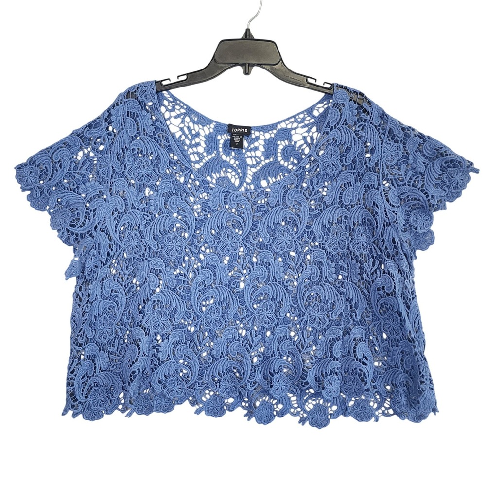 Torrid Crochet Lace Top Blue Boho Floral Scalloped Hem Blouse Size 2 Plus Size